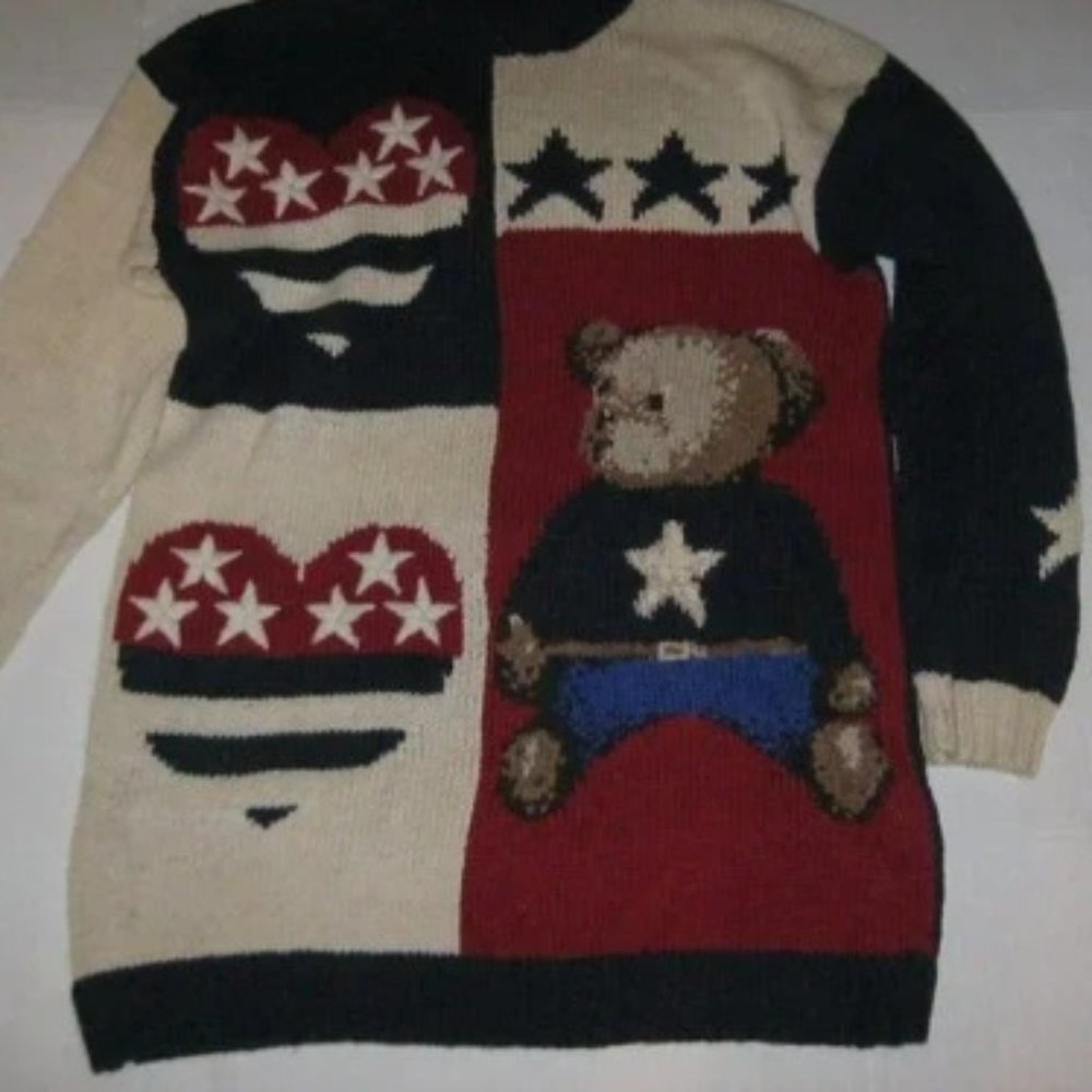 ❤️VTG HAND KNITTED PATRIOTIC POLO BEAR HEART STARS STRIPES SWEATER SZ M